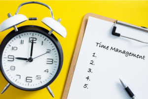 Clock and Time Management checklist on a yellow background